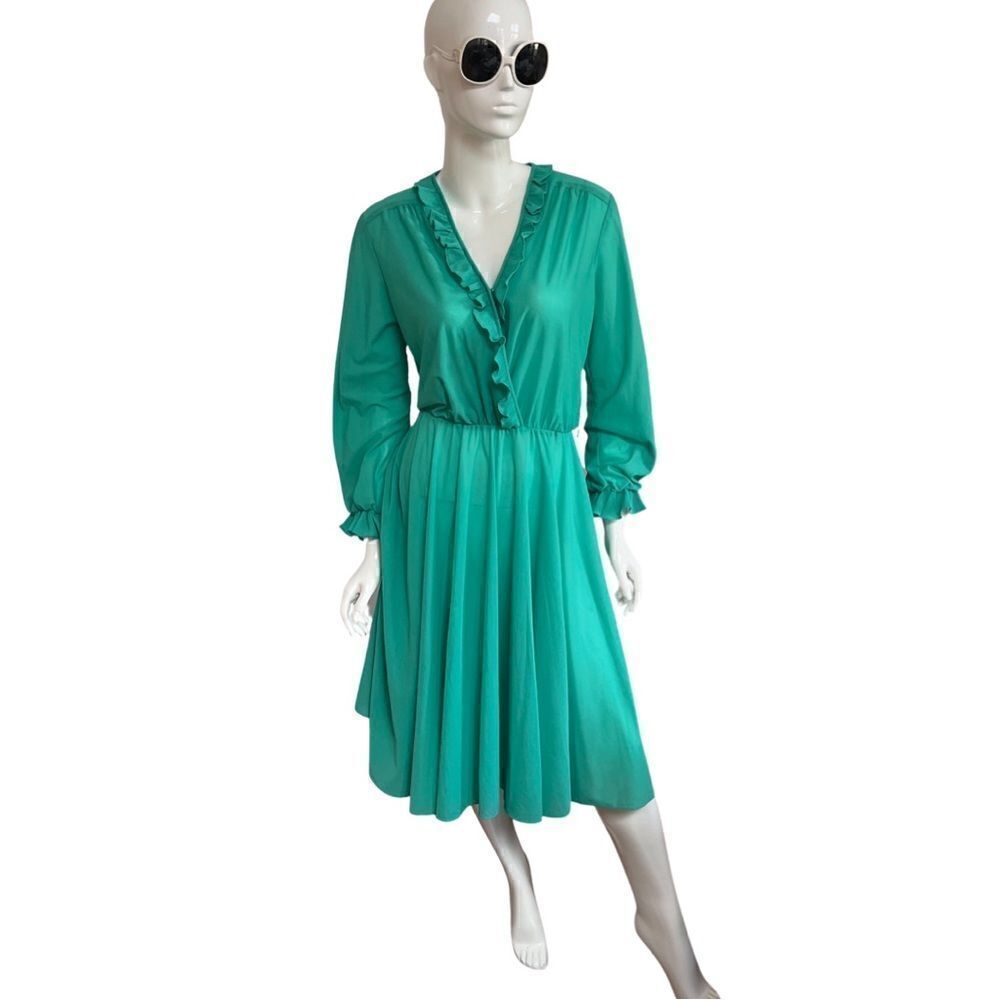 True Vintage 1970s Handmade One of a Kind Mint Green Ruffle Trim Surplice Midi